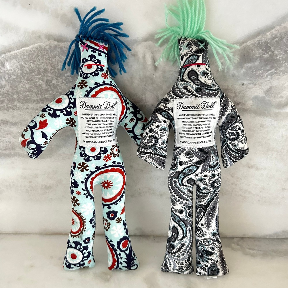 Set of 2 Dammit Doll Stress Relief Gift Paisley Patterns Blue Black White 12"